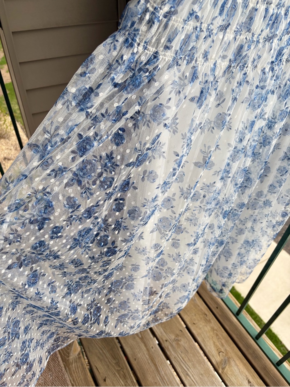 🆕🦋AQUA Blue White Floral Midi Dress Size L Bodice Tulle Overlay Cottagecore - Picture 7 of 17